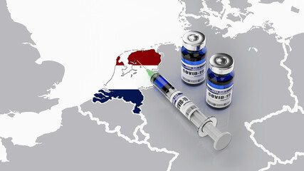 A syringe and two bottles of COVID-19 vaccine on Netherlands map. Covid vaccination in Netherlands. 3d illustration
