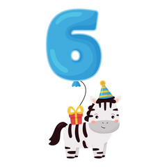 Funny cartoon zebra with present and number balloon - six. Vector illustration for happy birthday greeting card design. Party for children.