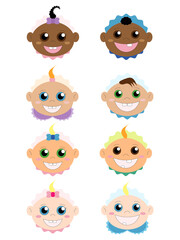 weibliche und männliche Babys mit verschiedenen Hautfarben, Augenfarben und Accessoires