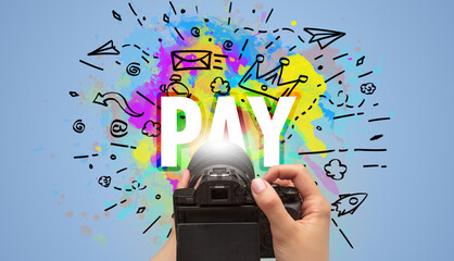 Close-up of a hand holding digital camera with abstract drawing and PAY inscription