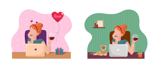 Set illustration for St.Valentine s Day. Free womans on online dating or try to found couple. Chatting and drinking red wine. Flat illustration for web, landing page, banner.