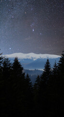 Starry sky over the mountain. Orion and mountain