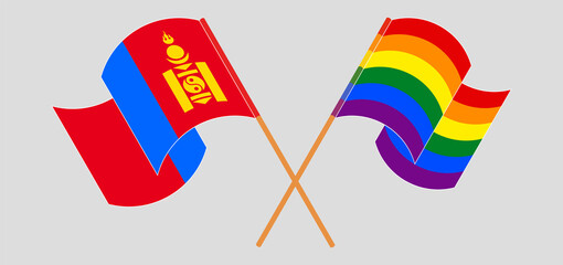 Crossed and waving flags of Mongolia and LGBTQ