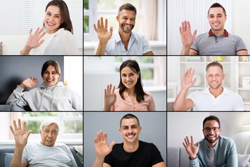 Online Video Conferencing Call Waving Hand Group Screen