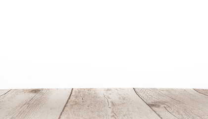 Fototapeta premium Arrière-plan blanc avec support de bois pour présentation d'objets publicitaires pour promotion de produits. Aspect sol en bois, fond blanc uni.