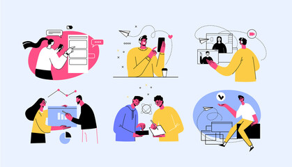 Remote Work concept illustrations. Collection of individual scenes at home office with men and women taking part in business activity. Outline vector illustration.