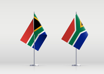South Africa flag state symbol isolated on background national banner. Greeting card National Independence Day of the Republic of South Africa. Illustration banner with realistic state flag of RSA.