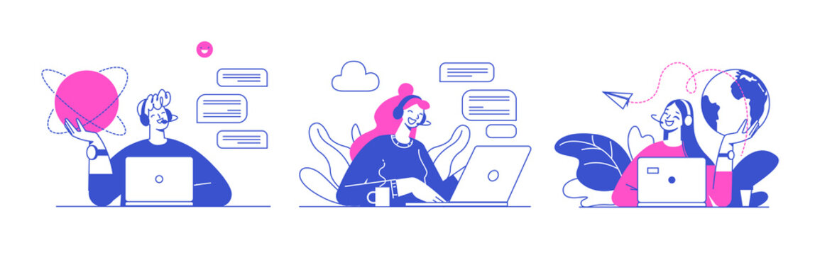Flat vector design illustrations, technical support assistant, customer and operator vector. Customer service, hotline operator advises customer, online global technical support 247.