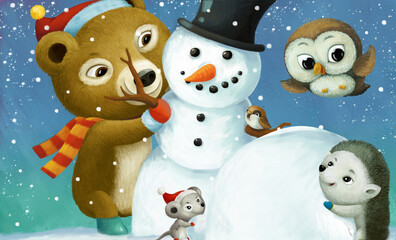 cartoon christmas scene with happy animals and snowman