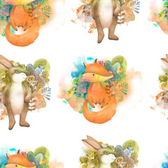Seamless watercolor pattern of wildflowers and wild animals on a white background. Hare and fox.
