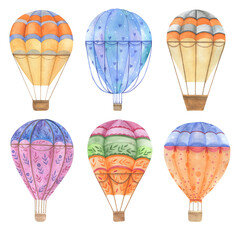 Balloons set. Flying transport. Watercolor drawing.