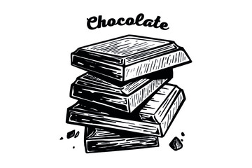 Chocolate pieces vector on a white background in a hand-drawn style. Slices of chocolate illustration