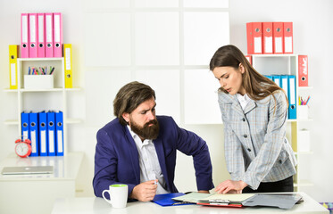 Couple in office. Business couple working. Modern business ideas. Consulting. Startup team. Business report. Successful business. Man and woman office. Boss manager director. Office secretary