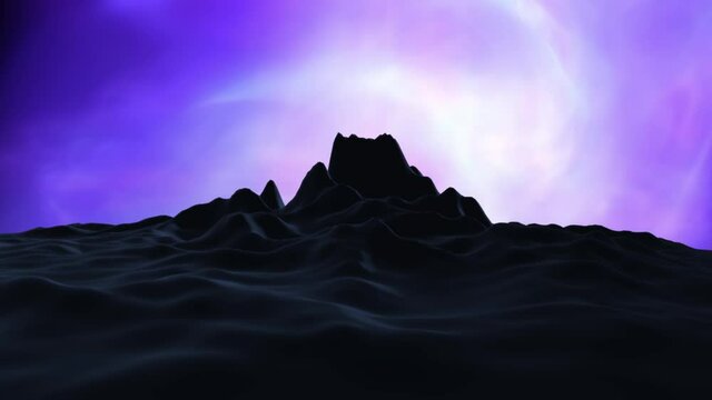 Fantasy abstract 3d planet with mountain silhouette and artistic pink coloured light streaks sky animation background. 3d render.