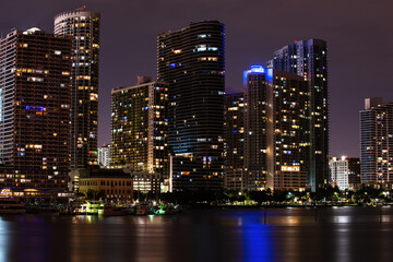 Obraz na płótnie Canvas Miami, Florida, USA skyline on Biscayne Bay, city night backgrounds. Skyline of miami biscayne bay reflections, high resolution.