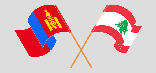 Crossed and waving flags of Mongolia and the Lebanon