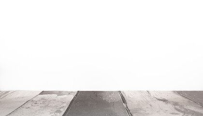 Fototapeta premium Arrière-plan blanc avec support de bois pour présentation d'objets publicitaires pour promotion de produits. Aspect sol en bois, fond blanc uni.