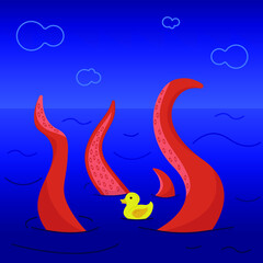 Naklejka premium Small yellow duck is swimming and gigant red tentacles surfaced arond it
