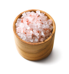 Himalayan pink salt crystal  in a wooden dish bowl isolated on white background