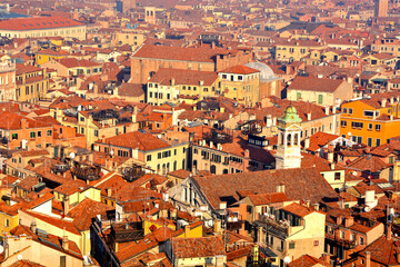 Fototapeta na wymiar Venice, panoramic view on the rooftops of the Italian city 