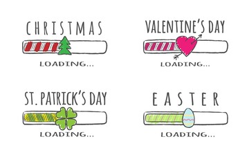 Set of holidays progress bar with inscriptions - Christmas, Easter, Valentines day, St. Patricks day loading. Vector illustration for t-shirt design, poster or greeting card.