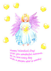 Watercolor valentine's day card with angel girl