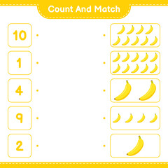 Count and match, count the number of Banana and match with right numbers. Educational children game, printable worksheet, vector illustration