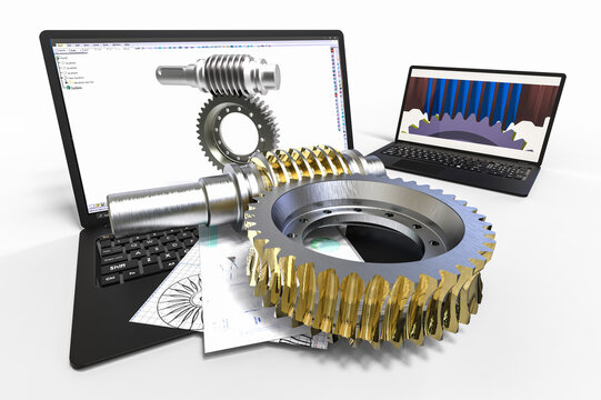 3D render image representing a gear mechanism designed with the help of CAD