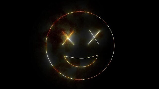Neon burning emoji face, smiling sign. Web character with neon, glowing light and burn. Isolated smiley face.