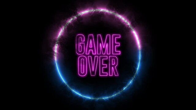 Neon, burning text of "GAME OVER" inside neon, led swirling round and fire.