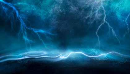 Dramatic empty nature background. Dark night view of the city during a thunderstorm. Flashing lightning. Reflection of light on water. 