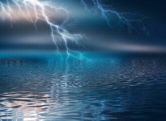 Dramatic empty nature background. Dark night view of the city during a thunderstorm. Flashing lightning. Reflection of light on water. 