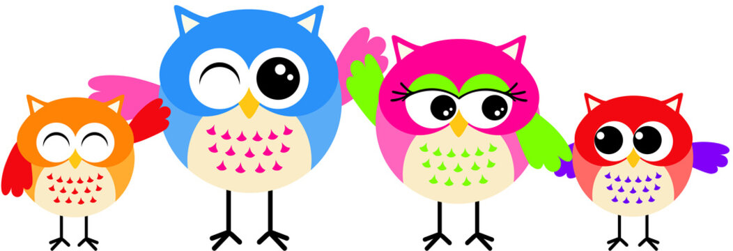 Funny colourful owl family isolated