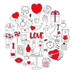 Happy Valentine's Day. Set of cute hand drawn elements painted in red. Round concept.