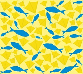 Pattern of ocean fish and gull flippers. The legs of yellow gulls are mixed with blue fish on a background of light yellow sand.