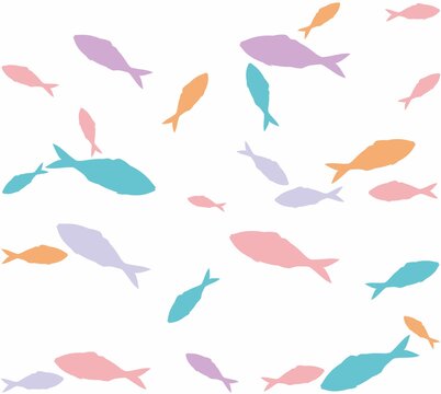 Ocean fish pattern on a white background. Silhouettes of sea fish of different colors isolated on a white background. Tuna floating in different directions