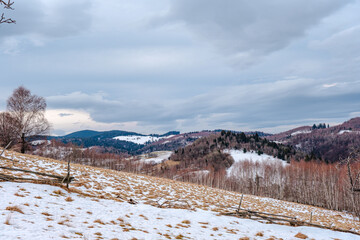 Fototapeta na wymiar beautiful winter landscapes in the Romanian mountains, Fantanele village area, Sibiu county, Cindrel mountains, Romania