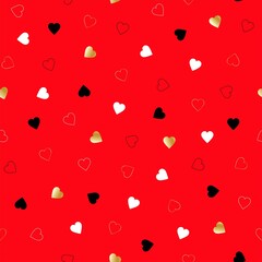Happy Valentine's Day. Seamless pattern with gold, black, white hearts and a bright red background