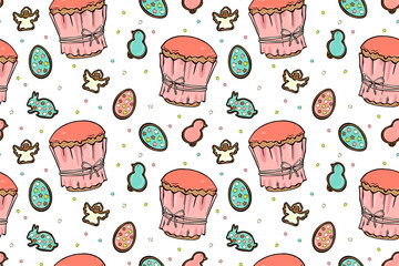 Illustration of a seamless pattern on the Easter theme. Simple doodle style. Glazed Easter cake with curly cookies. Isolated objects on a white background.