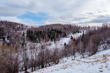 Fototapeta na wymiar beautiful winter landscapes in the Romanian mountains, Fantanele village area, Sibiu county, Cindrel mountains, Romania