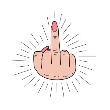 The middle finger hand drawn sign. Vector pencil sketch illustration of fuck you sign. Isolated on white background.