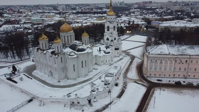 Aerial Drone View Over winter in the old Russian city of Vladimir