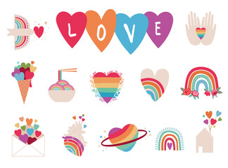 LGBT elements for Valentines day. Love symbols, rainbow, hearts and quotes for gays, lesbian and trans community