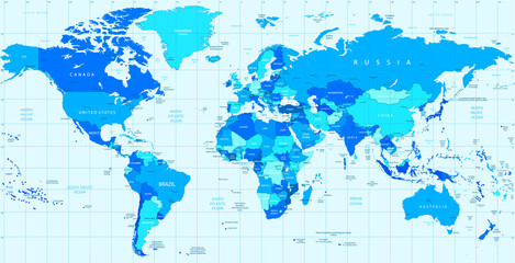 Detailed vector World map in colors of blue