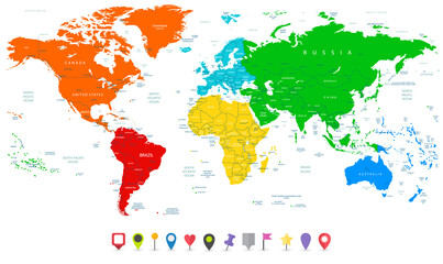 Detailed vector World map with colorful continents and flat map pointers