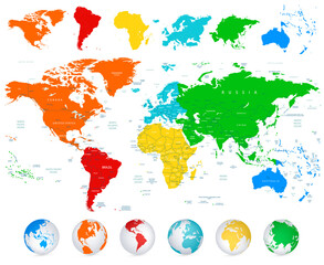 Fototapeta na wymiar Detailed vector World map with colorful continents