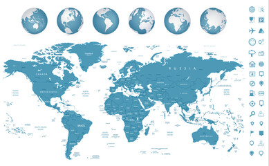 Fototapeta na wymiar Highly detailed World Map and navigation icons with globes