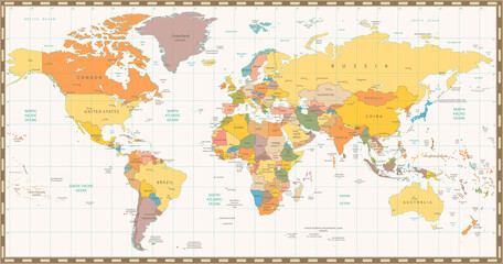 Old retro color political World map
