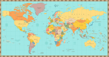 Old vintage color political World map
