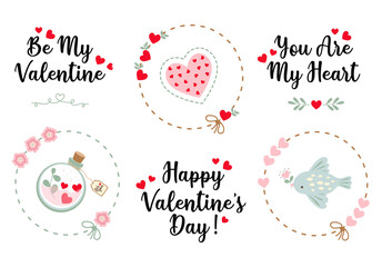 Valentine's Day. Isolated objects on white background. Collection of postcards. Vector illustration. Hearts, lettering, sweets, envelope, birds. Congratulations, scrapbooking, invitations, planner.